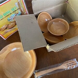 Vintage Salad Bowl Set by Nevco 7 wooden pieces in original box from 1970